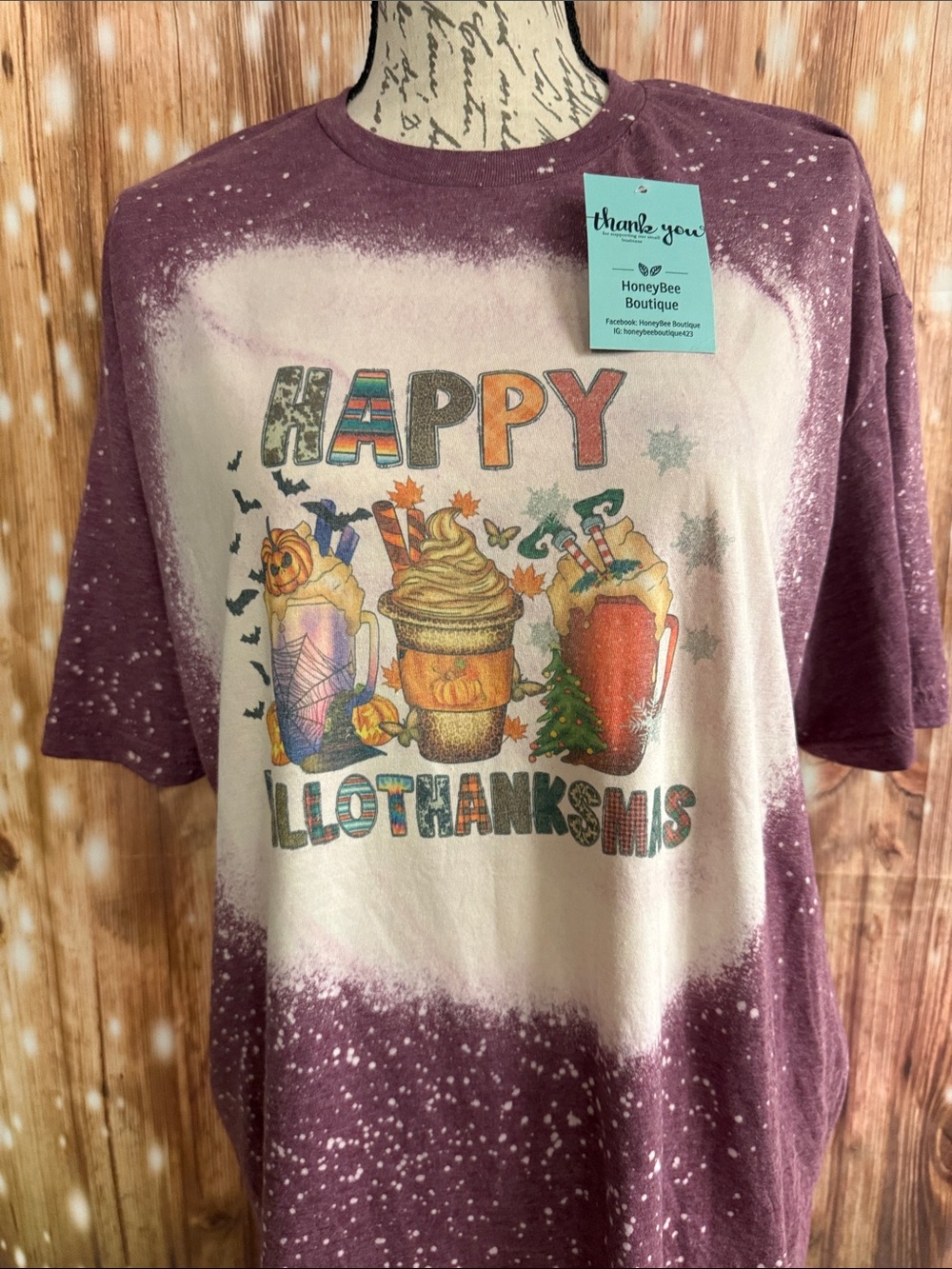 Burgundy Bleached Graphic Tee - Happy Hallothanksmas! Great for Fall